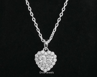 Heart Cut Lab Diamond Halo Pendant, Eco Friendly Diamond Solitaire Necklace, Prong Set Diamond Pendant Necklace, CVD Diamond Bridal Necklace