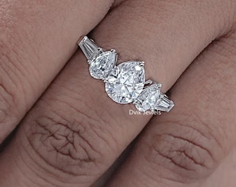 Anillo de boda con diamante cultivado en laboratorio de talla pera de 1,50 quilates, anillo de oro blanco de 14 quilates con diamante CVD, anillo de cinco piedras con diamantes libres de conflicto, listo para enviar.