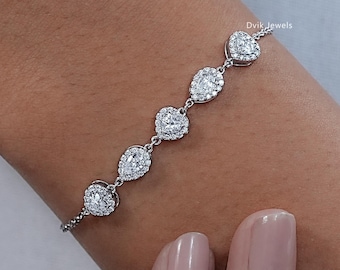 Pulsera de diamantes cultivados en laboratorio con corte de pera y corazón, cadena de cinco piedras para mujer, oro blanco de 14 quilates, ecológica y con halo.