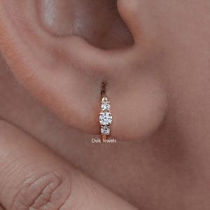 3 Stone Round Cut Lab Diamond Huggie Hoop Earrings, Conflict Free Diamond Hoop Earrings, 14K Yellow Gold Earrings, Minimalist Hoop Earrings