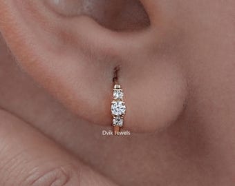 3 Stone Round Cut Lab Diamond Huggie Hoop Earrings, 14K Yellow Gold Bridal Earrings, Conflict Free Diamond Hoop Earrings, Ready To Ship