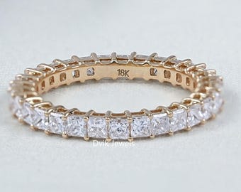 Princess Cut Lab Grown Diamond Full Eternity Band, 18K Yellow Gold Diamond Stacking Band, EF-VS Clarity Eco Friendly Diamond Wedding Band