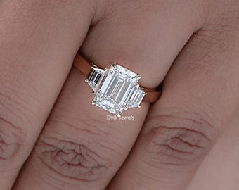 Emerald Cut Lab Grown Diamond Three Stone Ring, Side Step Cut Trapezoid Diamond Wedding Ring, 14K Yellow Gold Ring, Trilogy Ring For Her