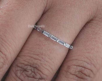 Baguette Cut Lab Diamond Eternity Band, Bar Setting Conflict Free Diamond Wedding Band, 14K White Gold Lab Grown Diamond Engagement Band