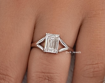 Emerald Cut Lab Made Solitaire Diamond Bridal Ring, 925 Sterling Silver Promise Ring, Handcrafted Diamond Split Shank Ring, Ready To Ship