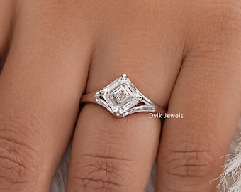 Asscher Cut Lab Grown Diamond Solitaire Bridal Ring, Eco Friendly Diamond Proposal Ring, 925 Sterling Silver Split Shank Ring, Ready To Ship