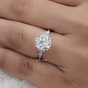 Round Cut Lab Grown Diamond Engagement Ring, Side Round & Marquise Diamond Wedding Ring, 14K Solid Gold Claw Prong Set Anniversary Ring