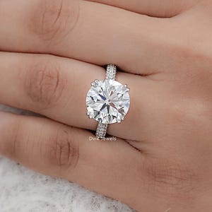 Round Cut Lab Grown Diamond Hidden Halo Accent Ring, CVD Diamond Pave Set Solitaire Wedding Ring, 14K Solid Gold Double Claw Prong Set Ring