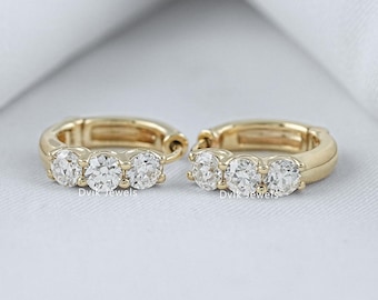 Round Cut Lab Diamond Three Stone Bridal Hoop Earrings, 14K Solid Gold Prong Set Diamond Huggie Hoops, Daily Wear Diamond Womens Earrings
