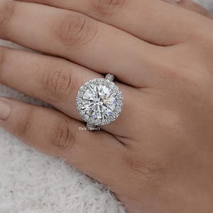 Round Cut Lab Diamond Halo Proposal Ring, Hidden Diamond Flower Basket Accent Ring, 14K Solid Gold Claw Prong Set Bridal Ring, Gift For Her