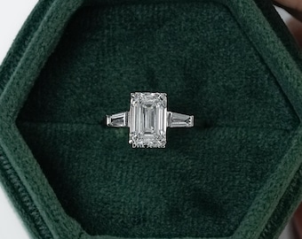 Emerald Cut Lab Made Diamond Three Stone Bridal Ring, Side Tapered Baguette Diamond Bar Set Ring, 14K Solid Gold Claw Prong Set Trilogy Ring