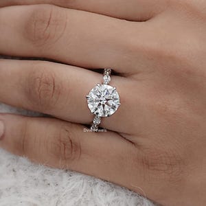 Round Cut Lab Grown Diamond Hidden Halo Ring, Marquise Cut Diamond Accent Set Wedding Ring, 14K Solid Gold Claw Prong Set Engagement Ring