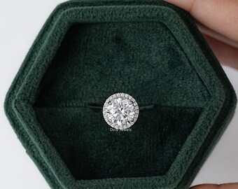 Round Cut Lab Grown Diamond Halo Engagement Ring, Conflict Free Diamond Prong Set Wedding Ring, Flower Basket Setting 14K Solid Gold Ring