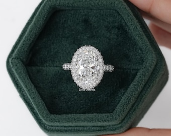 Oval Cut Lab Diamond Hidden Halo Engagement Ring, Pave Set CVD Diamond Accent Set Ring, Claw Prong Set Wedding Ring, 14K Solid Gold Ring