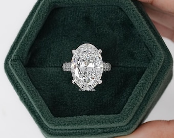 Oval Cut Lab Diamond Hidden Halo Accent Ring, Pave Set Solitaire Diamond Wedding Ring, Claw Prong Set Ring, 14K Solid Gold Engagement Ring