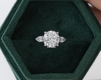 Lab Grown Round Diamond Three Stone Engagement Ring, 4 Carat Certified Diamond Ring, Side Pear Diamond Wedding Ring, 14K Solid Gold Ring