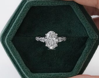 Anel de noivado com diamante cultivado em laboratório e lapidação oval, anel de diamante certificado de 4 quilates, anel com sete pedras e diamante CVD de lapidação redonda e pera lateral, presente para ela