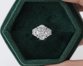 Anillo de compromiso con diamante ovalado cultivado en laboratorio de 3 quilates, anillo de tres piedras con diamante certificado, anillo de oro macizo de 14 quilates, anillo de bodas con diamante de media luna lateral