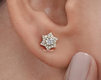 Round Cut Lab Diamond Stud Earrings, Dainty Conflict Free Diamond Earrings, Stare Shape Earrings For Womens, Halo Everyday Diamond Earrings