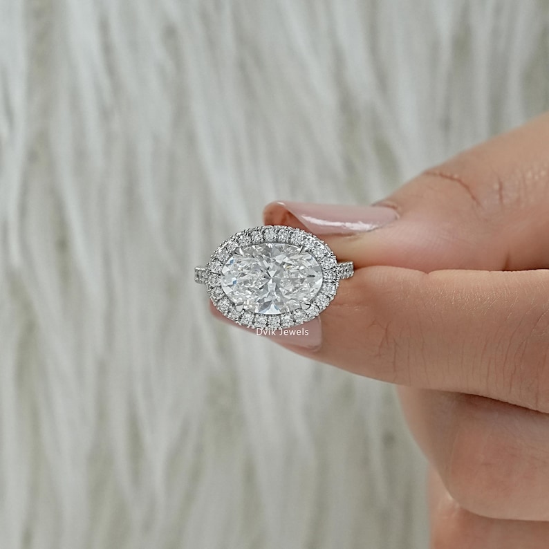 Oval Cut Lab Grown Diamond Halo Engagement Ring / 14K Solid Gold Accent Set Ring / Handcrafted Diamond Ring For Wedding Gift / Gift For Her