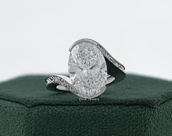 Oval Cut Lab Grown Diamond Bypass Engagement Ring, 14K Solid Gold Filigree With Milgrain Set Ring, Handmade Solitaire Diamond Bridal Ring