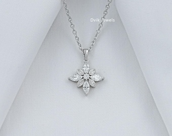 Marquise Cut Lab Grown Diamond Floral Cluster Pendant, EF-VS Clarity Diamond Wedding Pendant Necklace, 14K Solid Gold Women Chain Necklace