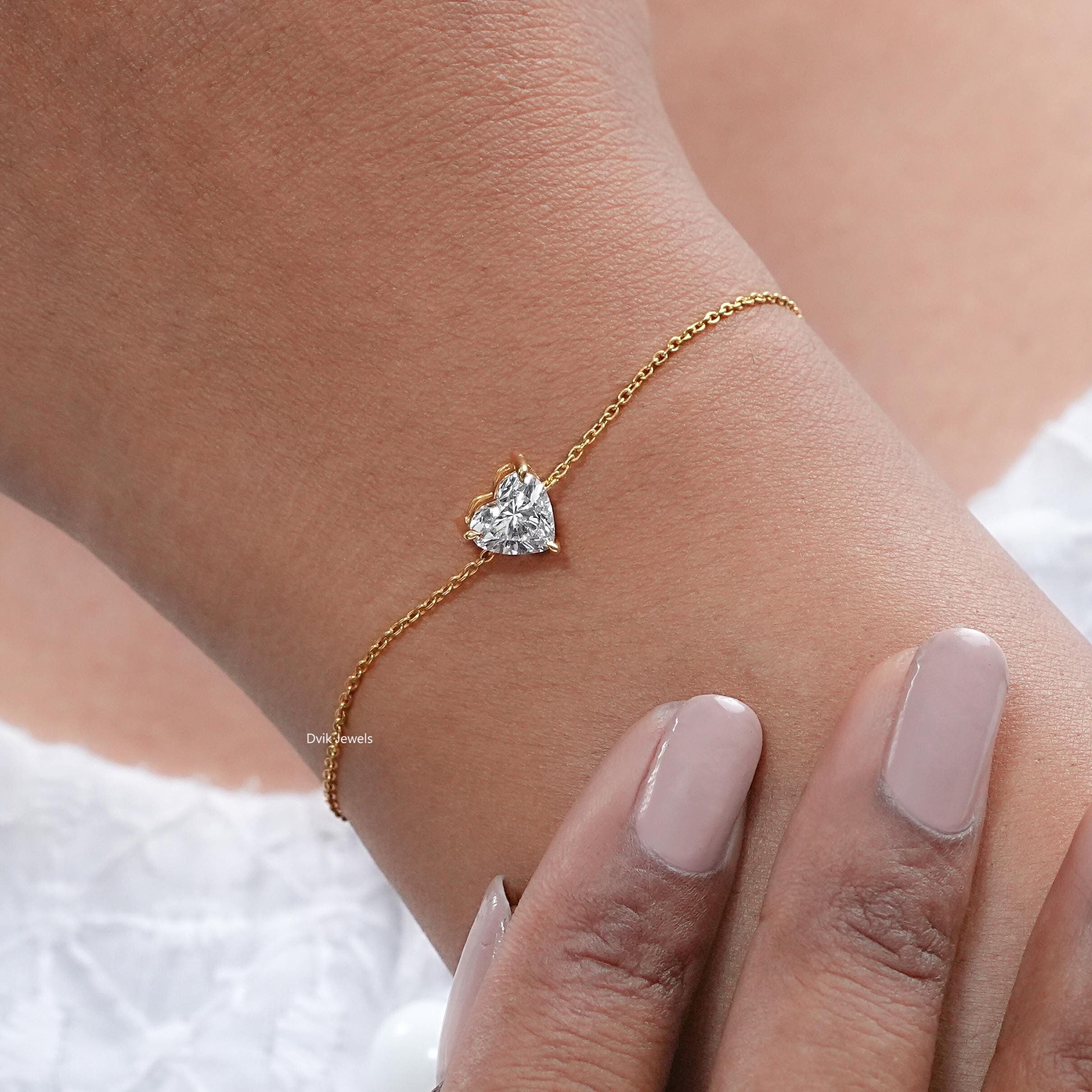 Heart Shape Lab Grown Diamond Solitaire Bracelet, 0.50 To 3.00 CT CVD Diamond Love Bracelet For Her, Eco Friendly Diamond Everyday Bracelet
