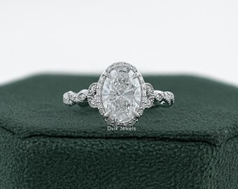 Oval Cut Lab Grown Diamond Halo With Accent Set Wedding Ring, 14K Solid Gold Milgrain Set Twisted Ring, Handcrafted Diamond Engagement Ring