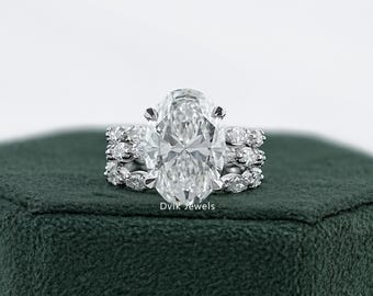 Oval Cut Lab Diamond Accent Set Bridal Ring Set, 14K Solid Gold Hidden Halo Tulip Basket Set Ring, CVD Diamond Full Eternity Wedding Band