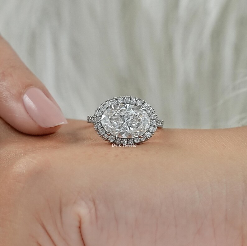 Oval Cut Lab Grown Diamond Halo Engagement Ring / 14K Solid Gold Accent Set Ring / Handcrafted Diamond Ring For Wedding Gift / Gift For Her