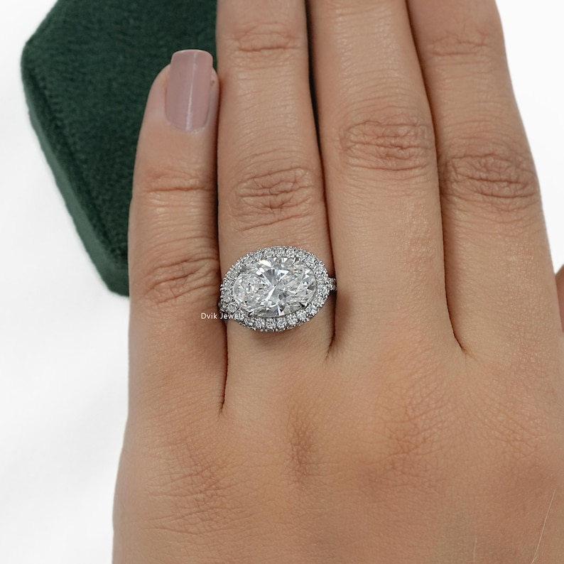 Oval Cut Lab Grown Diamond Halo Engagement Ring / 14K Solid Gold Accent Set Ring / Handcrafted Diamond Ring For Wedding Gift / Gift For Her