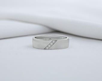 Round Cut Lab Created Diamond Diagonal Pave Band, Conflict Free Diamond Anniversary Band, 14K Solid Gold Diamond Wide Wedding Band For Him