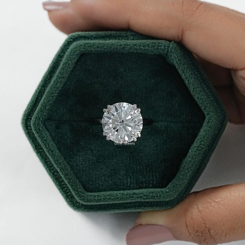 Round Cut Lab Diamond Hidden Halo Wedding Ring, 14K Solid Gold Double Claw Prong Set Engagement Ring, Green Hidden Gemstone Anniversary Ring
