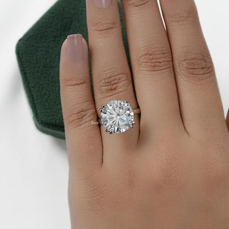 Round Cut Lab Diamond Hidden Halo Wedding Ring, 14K Solid Gold Double Claw Prong Set Engagement Ring, Green Hidden Gemstone Anniversary Ring