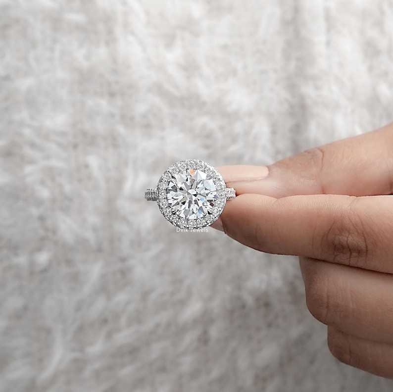 Round Cut Lab Diamond Halo Proposal Ring, Hidden Diamond Flower Basket Accent Ring, 14K Solid Gold Claw Prong Set Bridal Ring, Gift For Her