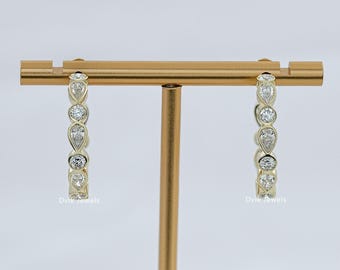 Pear & Round Cut Lab Grown Diamond C Hoop Wedding Earrings, Daily Wear Diamond Bridal Earrings, 14K Solid Gold Bezel Set Diamond Earrings