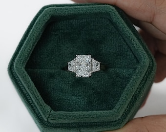 Radiant Cut Lab Created Diamond Three Stone Engagement Ring, Trapezoid Cut Side Diamond Wedding Ring, Eco Friendly Diamond Proposal Ring