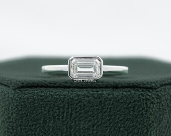 Emerald Cut Lab Created Diamond East West Set Ring, Conflict Free Solitaire Diamond Wedding Ring, 14K Solid Gold Bezel Set Engagement Ring