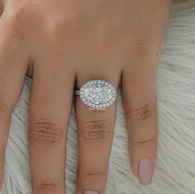 Oval Cut Lab Grown Diamond Halo Engagement Ring / 14K Solid Gold Accent Set Ring / Handcrafted Diamond Ring For Wedding Gift / Gift For Her