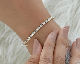 Radiant Cut Lab Made Diamond Tennis Bracelet, Handcrafted Diamond Women Bracelet, 14K Solid Gold Bezel Set Diamond Bracelet, Gift For Her