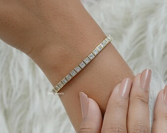 Princess Cut Lab Created Diamond Bezel Set Wedding Bracelet, 14K Solid Gold Tennis Bracelet, Eco Friendly Diamond Bracelet For Bridal Gift