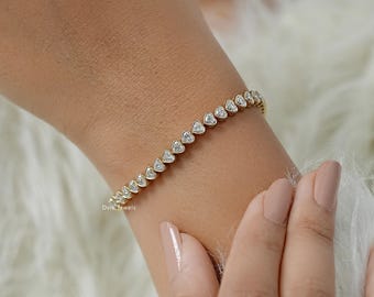 Heart Cut Lab Grown Diamond Bezel Set Tennis Bracelet, 14K Solid Gold Bridal Bracelet, Conflict Free Diamond Bracelet For Anniversary Gift