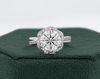 Round Cut Lab Made Diamond Flower Shape Halo Bridal Ring, 14K Solid Gold Bypass Accent Set Diamond Ring, Conflict Free Diamond Wedding Ring