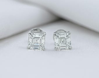 Asscher Cut Lab Made Solitaire Diamond Stud Earrings, Eco Friendly Diamond Wedding Earrings, 14K Solid Gold Claw Prong Set Diamond Earrings