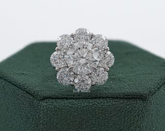 Round Cut Lab Grown Diamond Flower Style Wedding Ring, 14K Solid Gold Accent Set Diamond Proposal Ring, CVD Diamond Halo Anniversary Ring