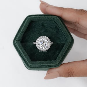 Round Cut Lab Diamond Halo Proposal Ring, Hidden Diamond Flower Basket Accent Ring, 14K Solid Gold Claw Prong Set Bridal Ring, Gift For Her