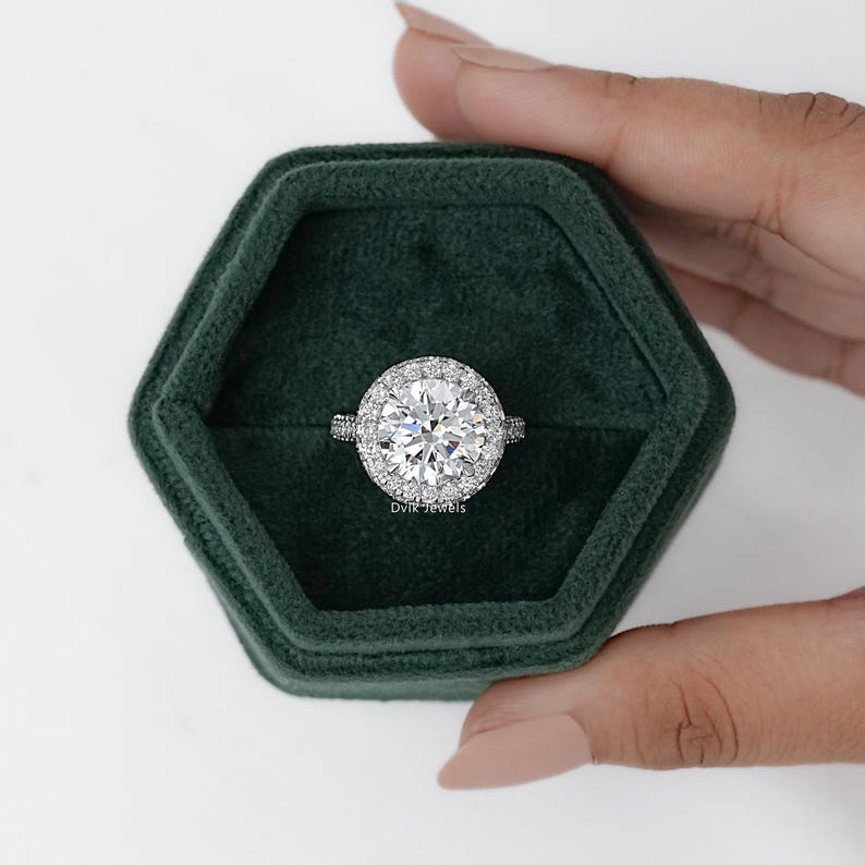Round Cut Lab Diamond Halo Proposal Ring, Hidden Diamond Flower Basket Accent Ring, 14K Solid Gold Claw Prong Set Bridal Ring, Gift For Her