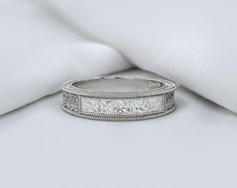French Baguette Cut Lab Made Diamond Engraving Men's Band, Conflict Free Diamond Engagement Band, 14K Solid Gold Milgrain Set Wedding Band