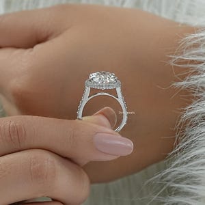 Oval Cut Lab Created Diamond Hidden Halo Bridal Ring / 14K Solid Gold Split Shank Accent Set Wedding Ring / Man Made Diamond Proposal Ring