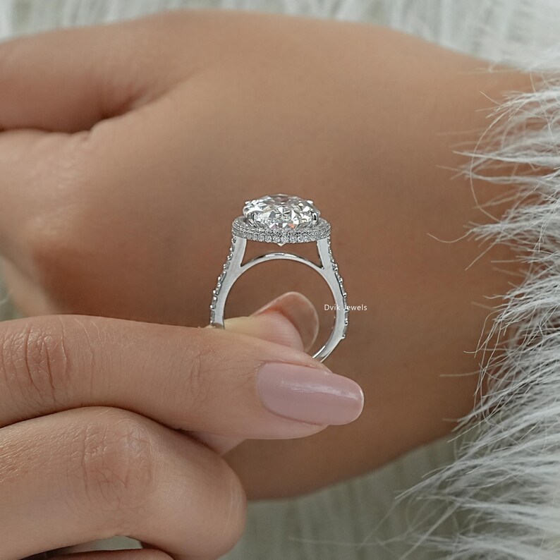 Oval Cut Lab Created Diamond Hidden Halo Bridal Ring / 14K Solid Gold Split Shank Accent Set Wedding Ring / Man Made Diamond Proposal Ring
